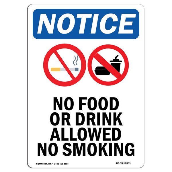 Sign, 5" H, No Food Or Drink Allowed Sign With Symbol, Portrait, NS-D-35-V-14581-10PK